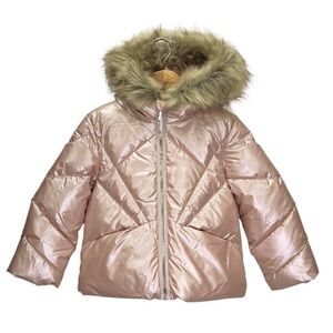 Sam Edelman Metallic Pink Puffer Coat Size 2T Quilted Fur Trim Hood Jacket NWT